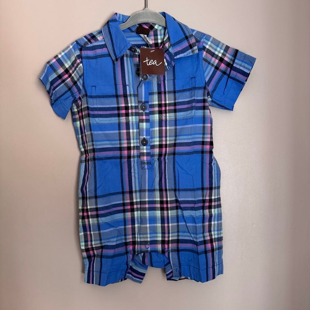 Tea Collection Boys Blue Plaid Collared Shirt One Piece Romper 12-18 Month New